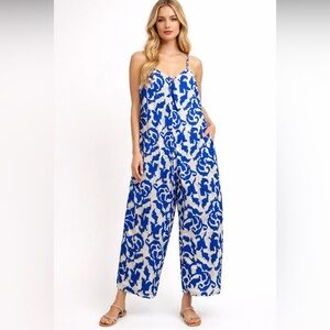 Terzo Millennio | blue white print jumpsuit lightweight loose viscose small NWT